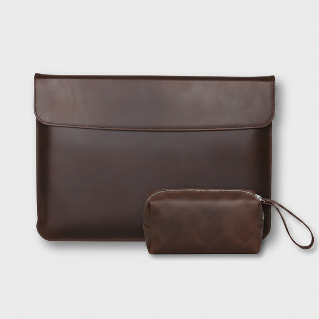 Men's Dark Brown Full-Grain Leather Laptop Sleeve With Power Pouch
