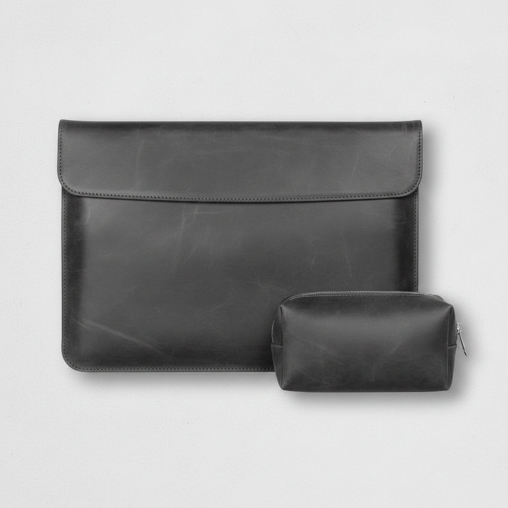 Men's Charcoal Grey Crazy Horse Leather Laptop Sleeve With Power Pouch