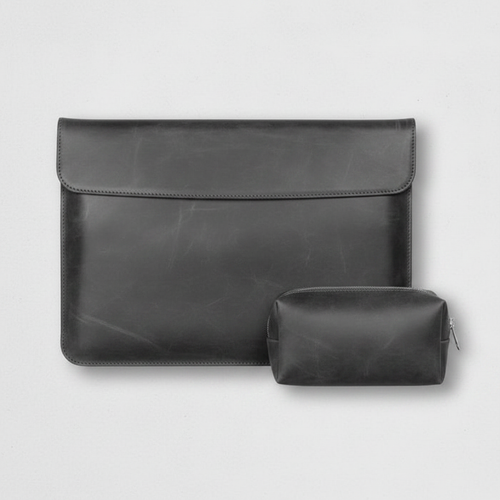 Men's Charcoal Grey Crazy Horse Leather Laptop Sleeve With Power Pouch