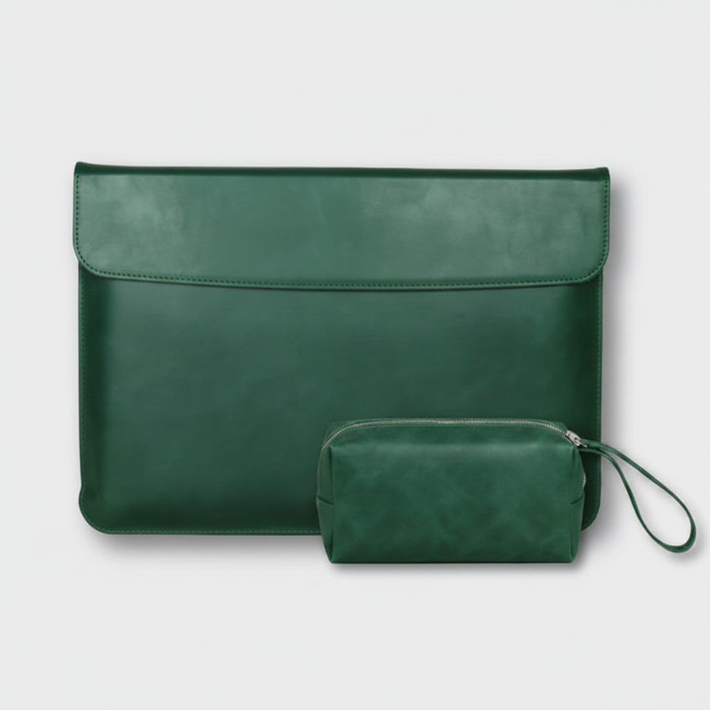 Men's Forest Green Full-Grain Leather Laptop Sleeve With Power Pouch