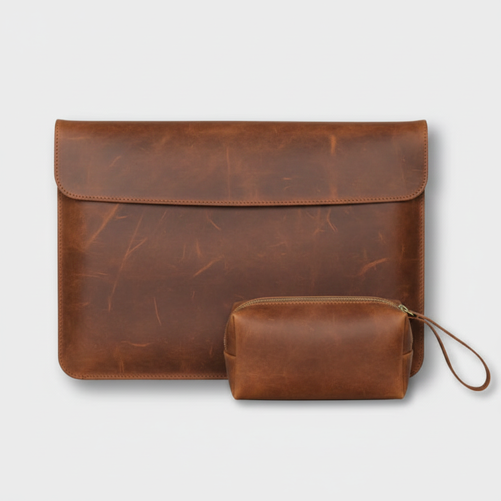 Men's Rustic Cognac Crazy Horse Leather Laptop Sleeve With Power Pouch