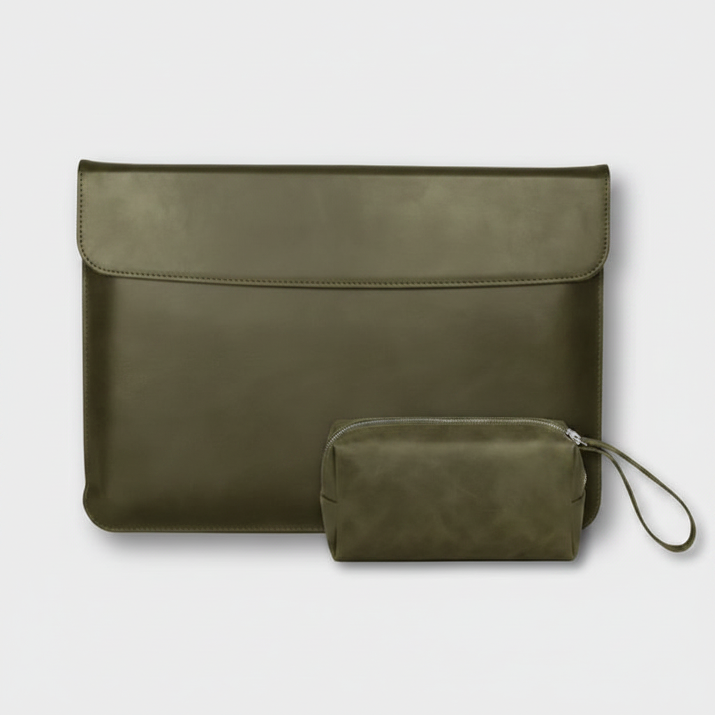 Men's Dark Olive Waxed Canvas Leather Laptop Sleeve With Power Pouch