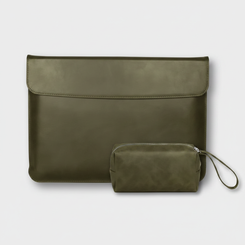 Men's Dark Olive Waxed Canvas Leather Laptop Sleeve With Power Pouch