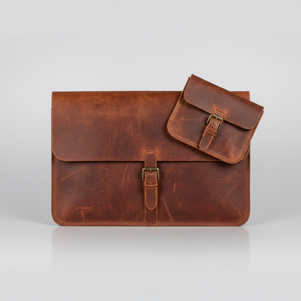 Men's Vintage Cognac Crazy Horse Leather Laptop Sleeve With Power Pouch