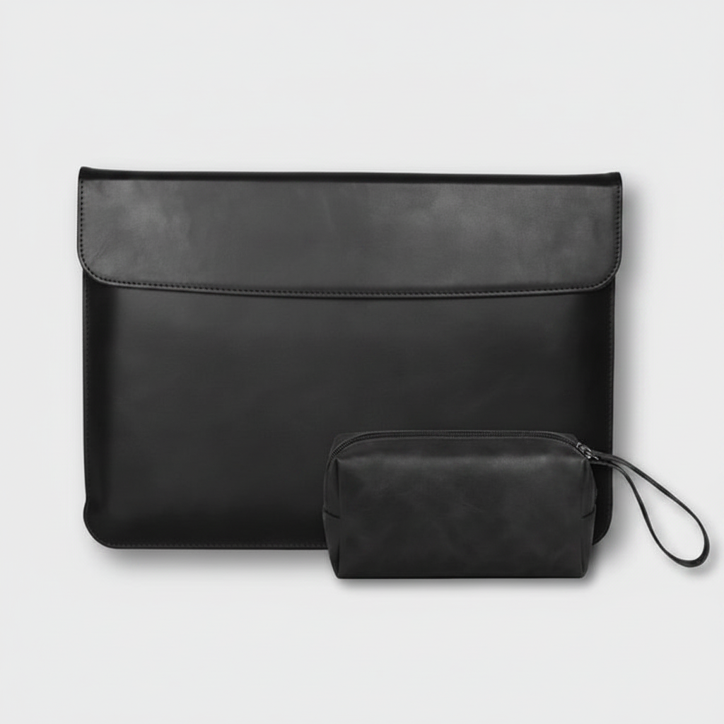 Men's Jet Black Genuine Leather Laptop Sleeve With Power Pouch